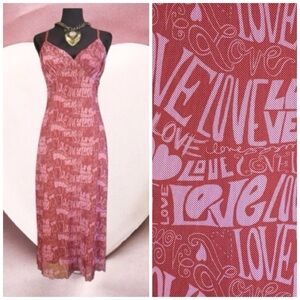 Urban Outfitters Red & Pink Love Print Mesh Sleeveless Slip Midi Dress Size M